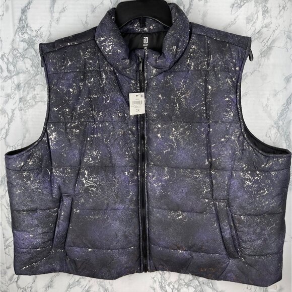 ID Ideology Womens Puffer Vest 3X Deep Black, purple with Speckle foil design - Picture 1 of 9